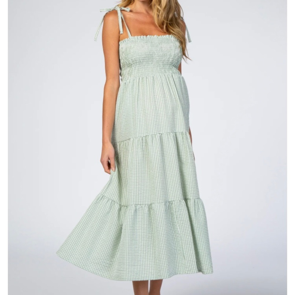 Mint Checkered Tiered Maternity Midi Dress from Pink Blush, size Medium
